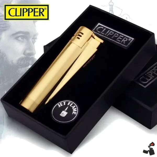 Briquet CLIPPER Métal Jet Turbo – Boîte Cadeau Doré Visage