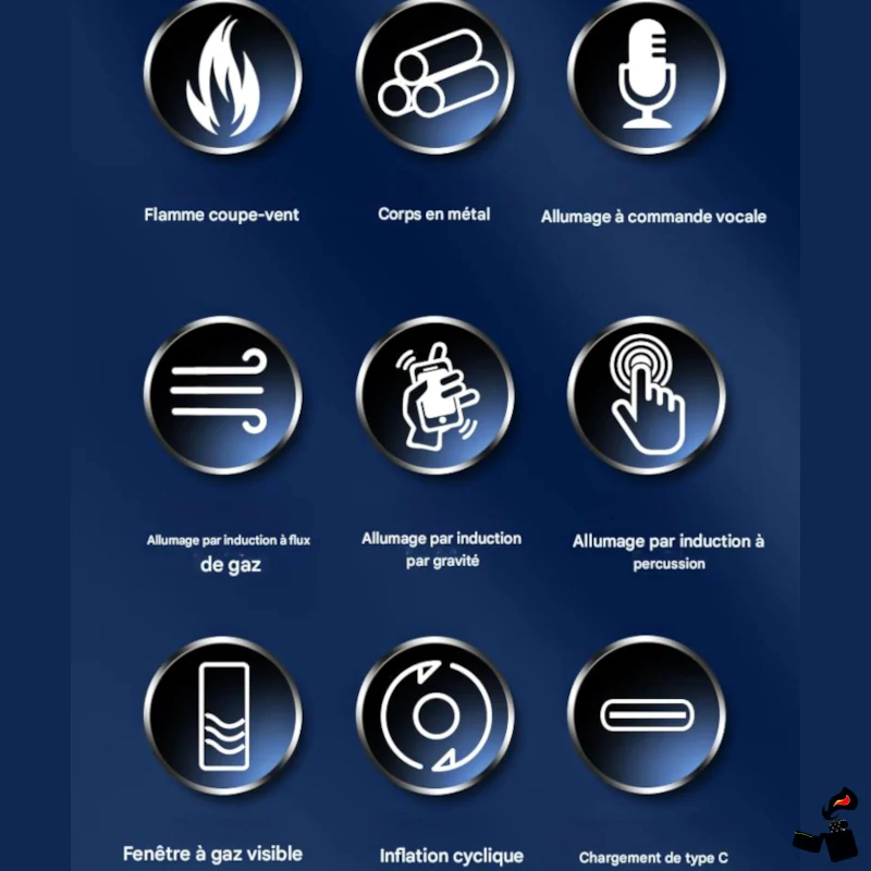 Briquet intelligent portable en métal à activation vocale, briquet multifonction à flamme réglable, 4 méthodes d'allumage, adapté pour le camping de bougies, cadeau pour homme (noir