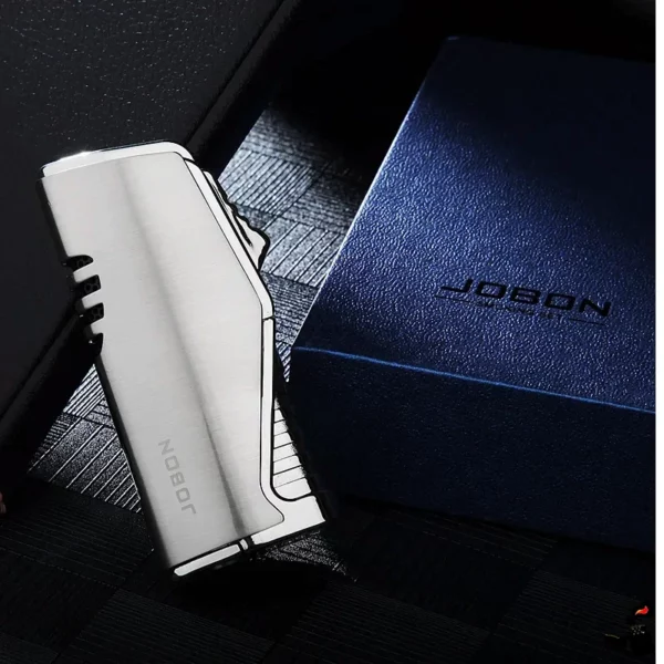 Briquet JOBON Triple Flamme Coupe-Cigare Fenêtre – Élégance Métallique Argenté