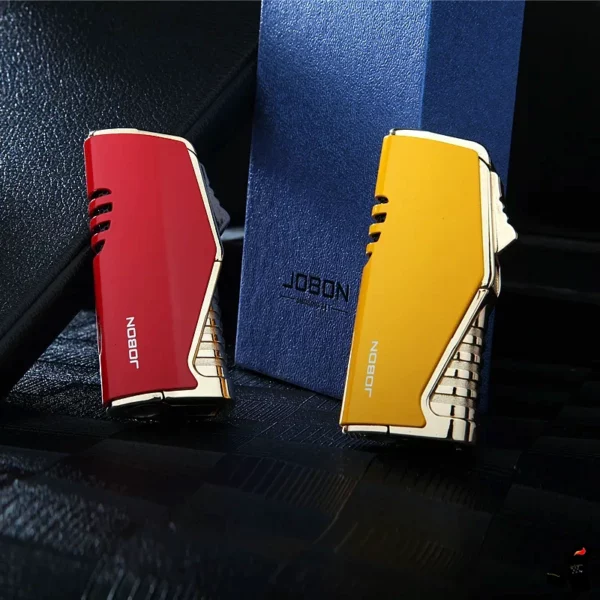Briquet JOBON Triple Flamme Coupe-Cigare Fenêtre – Élégance Métallique Jaune et Rouge