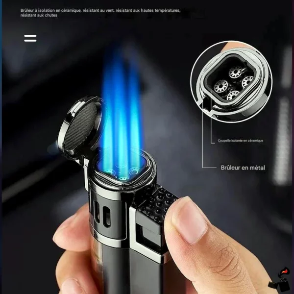 Briquet QuadraFlame - 4 Jets Bleus Haute Puissance, Coupe-Vent, Butane Buse