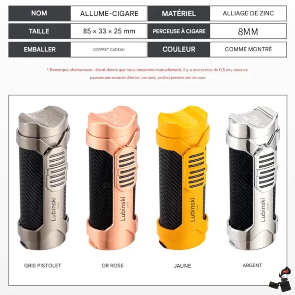 Briquet Lubinski Métal Flamme Jet Perce-Cigare Support Info