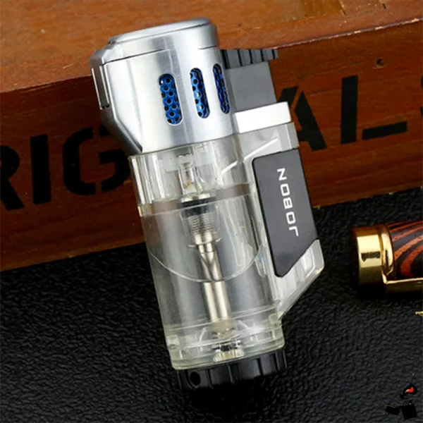 Briquet JOBON – Triple Flamme Directe, Coupe-Vent, Réservoir Transparent Argenté