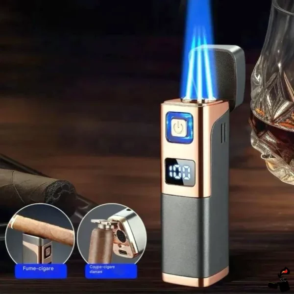 Briquet Triple Flamme Jet – Coupe-Cigare Intégré USB Gaz Diamant