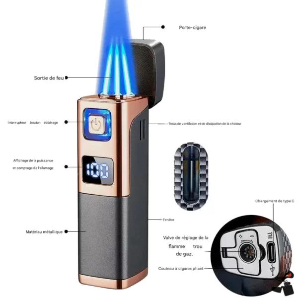Briquet Triple Flamme Jet – Coupe-Cigare Intégré USB Gaz Fonctions