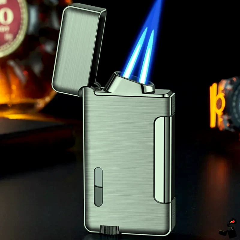 Briquet Turbo Double Flamme à Pression Latérale – Métal Fenêtre 5 Briquet Turbo Double Flamme à Pression Latérale – Métal Fenêtre Flamme Gris