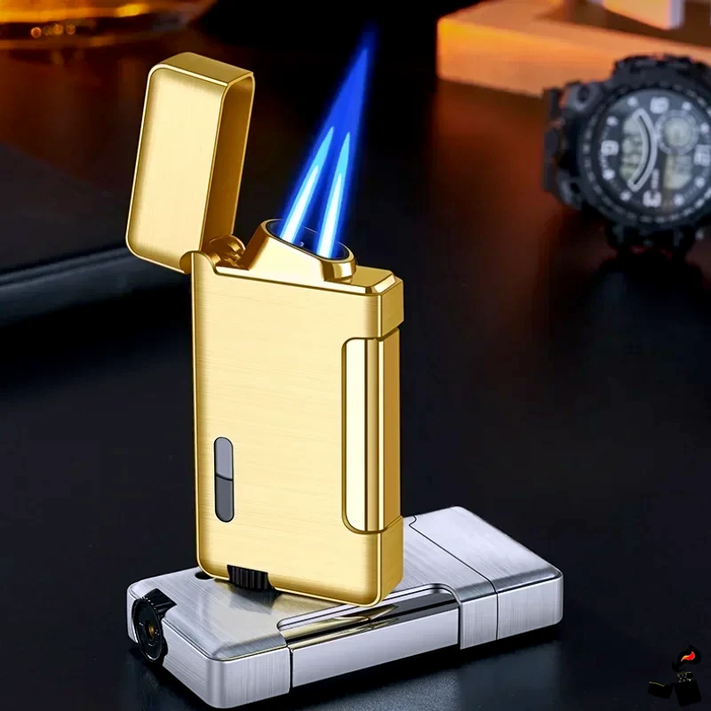 Briquet Turbo Double Flamme à Pression Latérale – Métal Fenêtre 2 Briquet Turbo Double Flamme à Pression Latérale – Métal Fenêtre – Image 2