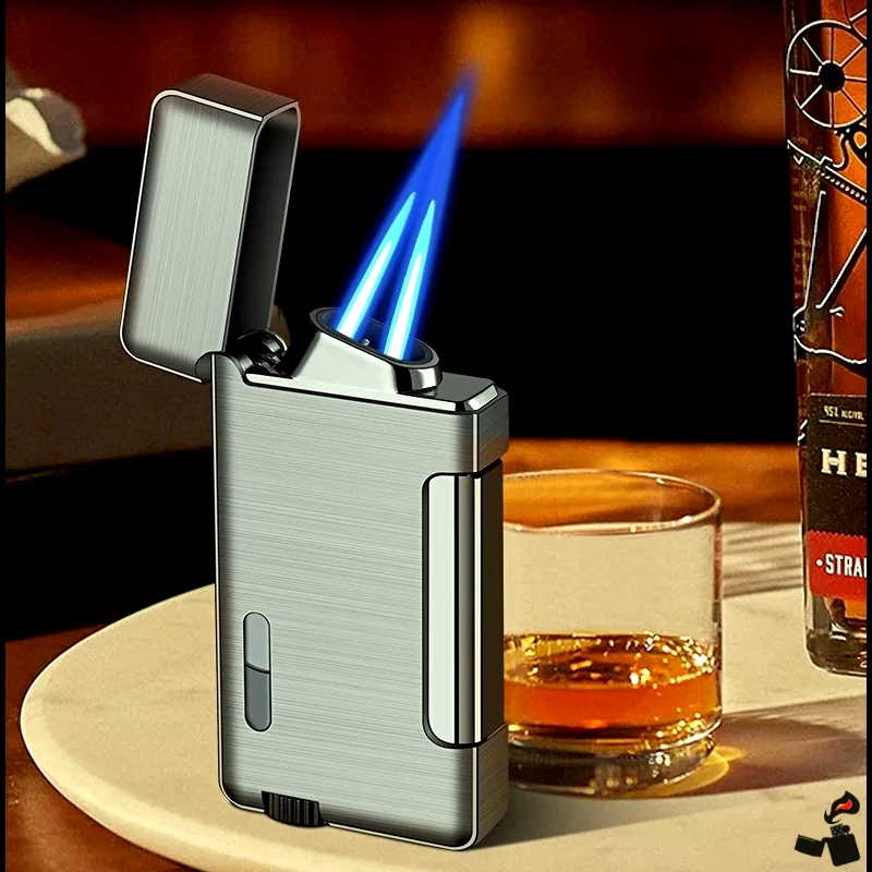 Briquet Turbo Double Flamme à Pression Latérale – Métal Fenêtre 3 Briquet Turbo Double Flamme à Pression Latérale – Métal Fenêtre Verre