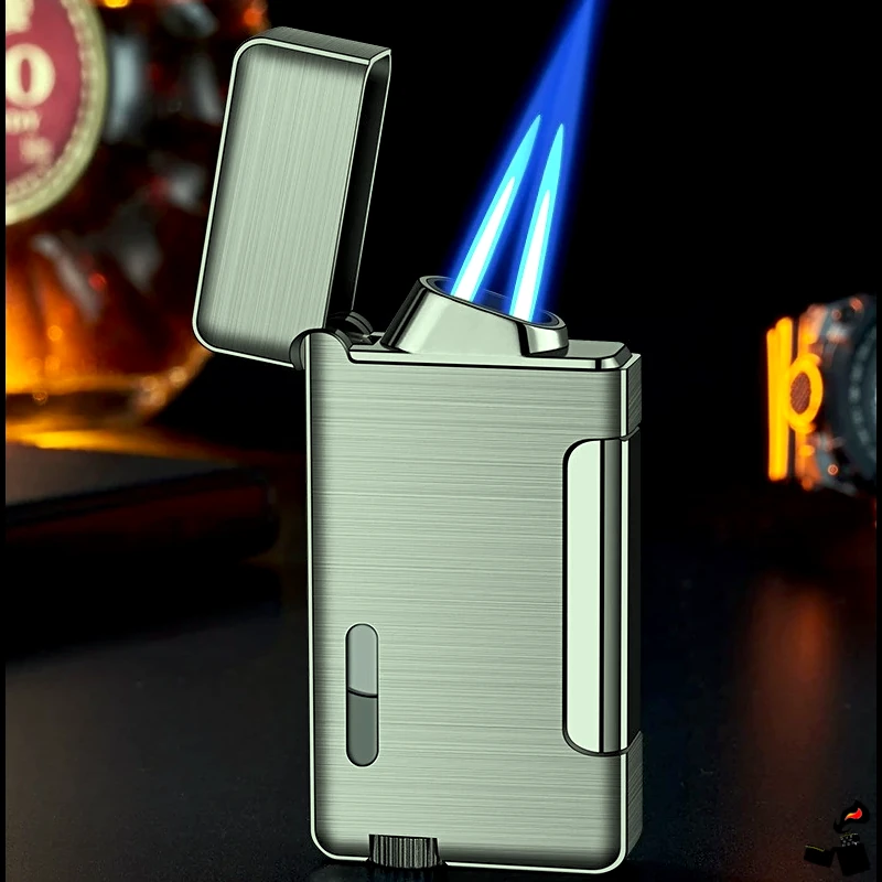 Briquet Turbo Double Flamme à Pression Latérale – Métal Fenêtre 7 Briquet Turbo Double Flamme à Pression Latérale – Métal Gris Flamme