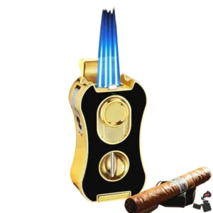 MINI TREE Briquet Cigare 6-en-1 – 4 Flammes Bleues, Coupe-Cigare, Poinçon, Plateau