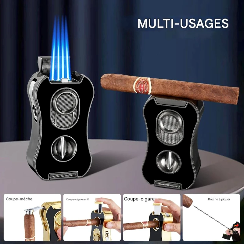 MINI TREE Briquet Cigare 6-en-1 – 4 Flammes Bleues, Coupe-Cigare, Poinçon, Plateau 8 MINI TREE Briquet Cigare 6-en-1 – 4 Flammes Bleues, Coupe-Cigare, Poinçon, Plateau Multi