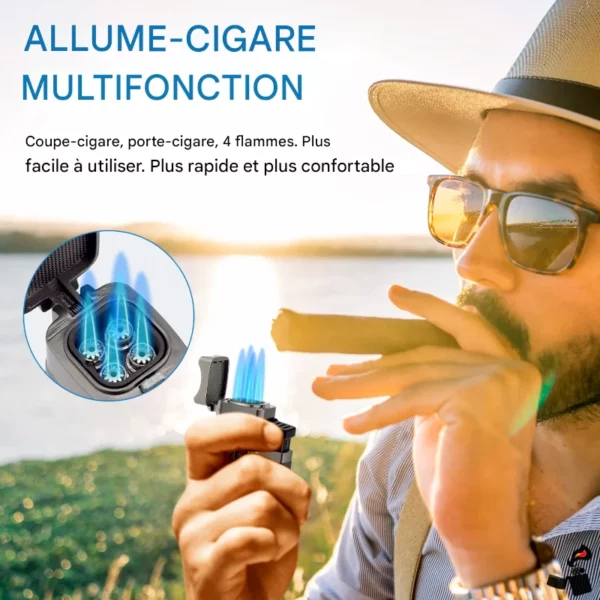 Premium Cigare – Briquet QuadraFlame 4 Jets - Coupe-Cigare, Porte-Cigare, Punch Intégré Fonction