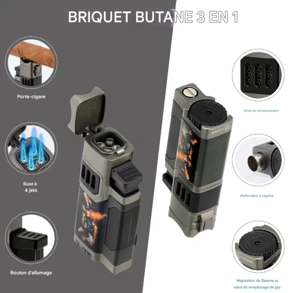 Premium Cigare – Briquet QuadraFlame 4 Jets - Coupe-Cigare, Porte-Cigare, Punch Intégré Fonctions