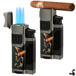 Premium Cigare – Briquet QuadraFlame 4 Jets - Coupe-Cigare, Porte-Cigare, Punch Intégré2
