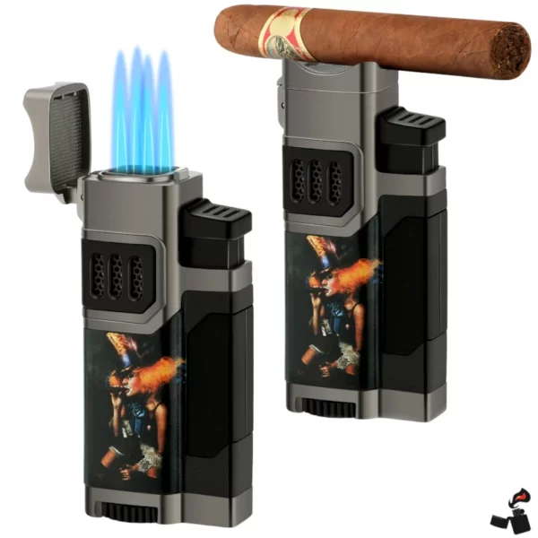 Premium Cigare – Briquet QuadraFlame 4 Jets - Coupe-Cigare, Porte-Cigare, Punch Intégré2