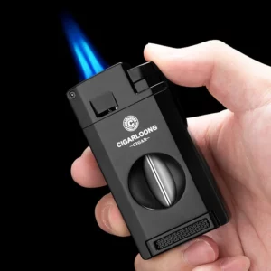 Briquet Cigare Multifonction Turbine – Coupe-Cigare Intégré & Perforateur | Briquet Jet Coupe-Vent Rechargeable Butane