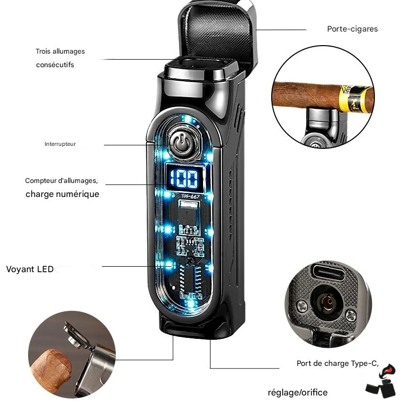 Briquet Cigare Intelligent Triple Flamme Directe, Digital, Perforateur 11 Briquet Cigare Intelligent Triple Flamme Directe, Digital, Perforateur Fonctions