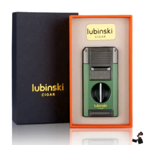Briquet à cigare LUBINSKI double torche silencieuse avec coupe-V et support intégré Vert Boîte