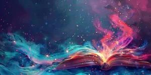Livre ouvert avec des couleurs magiques.