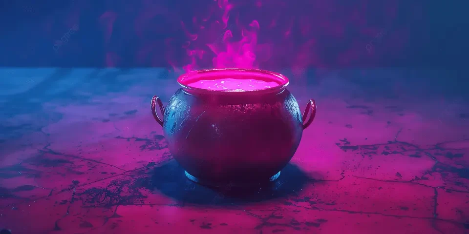 Chaudron mystérieux avec fumée colorée.