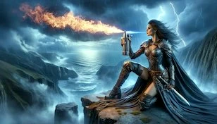 Femme guerriere avec flamme surplombant locean Accueil