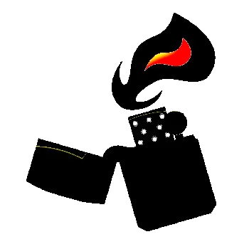 Briquet noir stylisé avec capot ouvert et flamme vive, emblème graphique de Briquet‑Tek