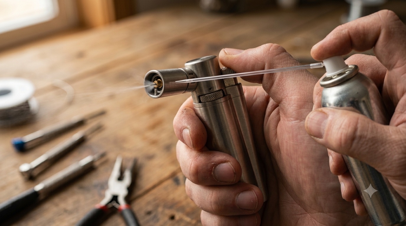 Nettoyage de la buse d'un briquet tempête à l'air comprimé avec embout fin