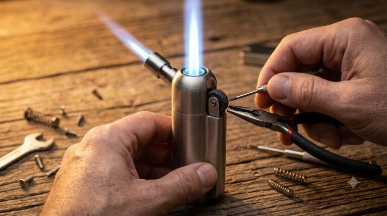 Réparation d'un briquet tempête montrant sa flamme torche bleue caractéristique
