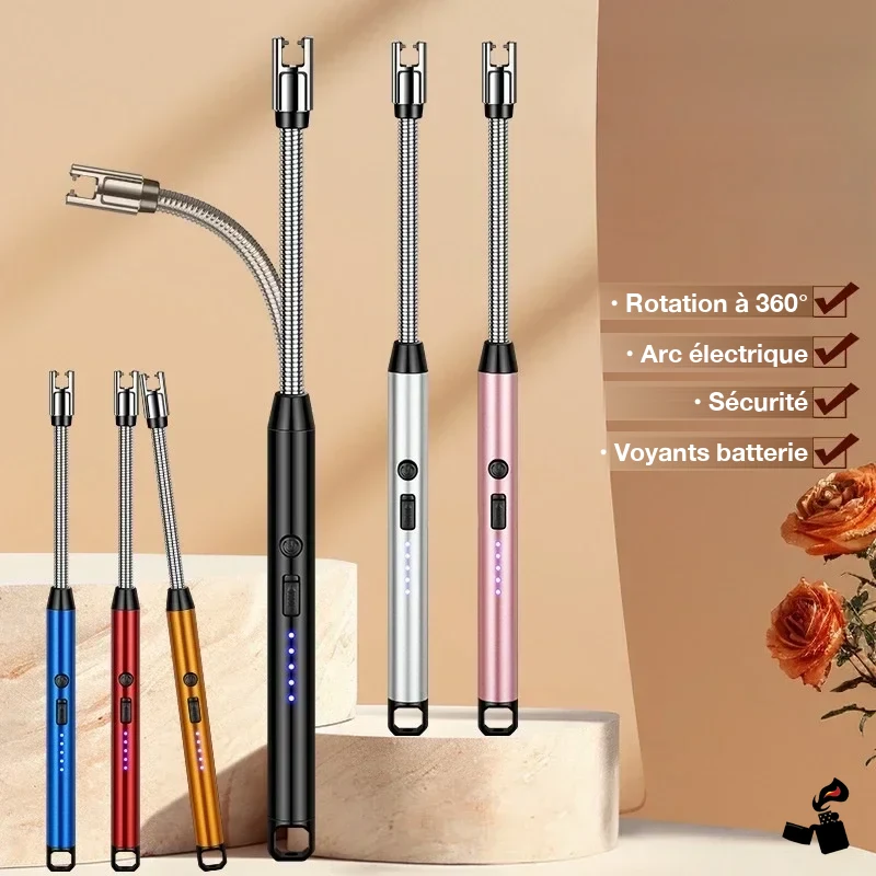 Briquet Long à Col Flexible, Arc Électrique Rechargeable USB 3 Briquet long flexible en 6 couleurs : rotation 360°, arc, sécurité, voyants batterie