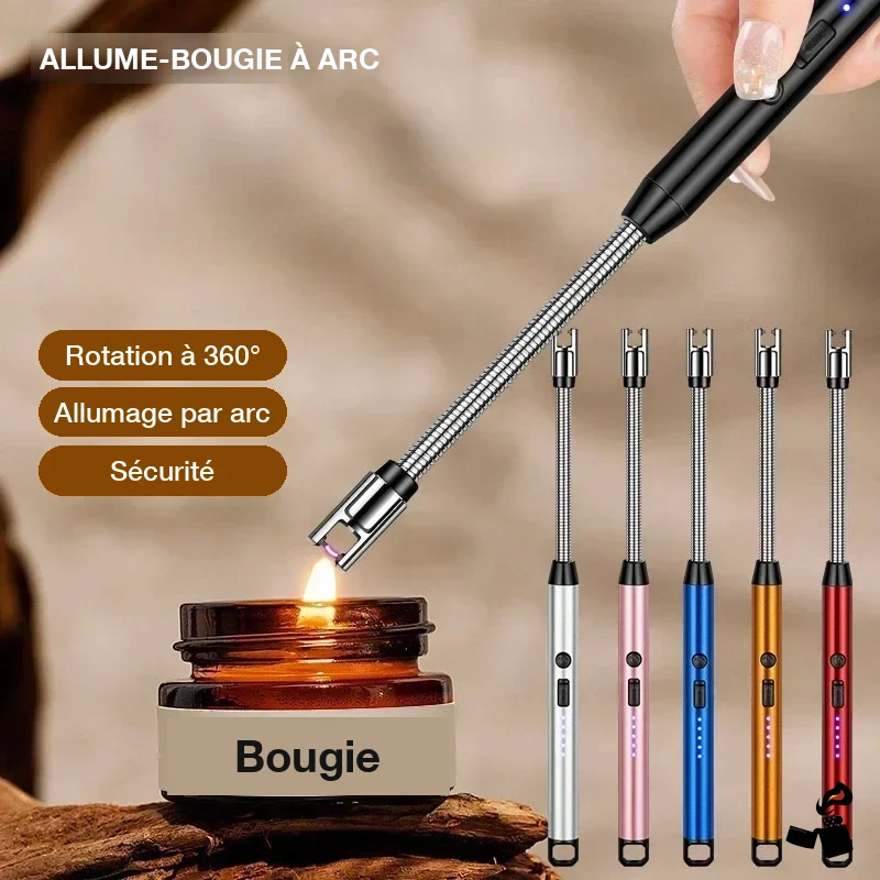 Briquet Long à Col Flexible, Arc Électrique Rechargeable USB 5 Allumage d'une bougie en pot avec le briquet long flexible